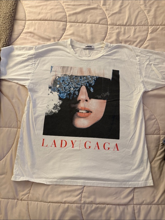 Daydreamer Tops - Daydreamer Lady Gaga Graphic Tee - White with Black & Blue Print